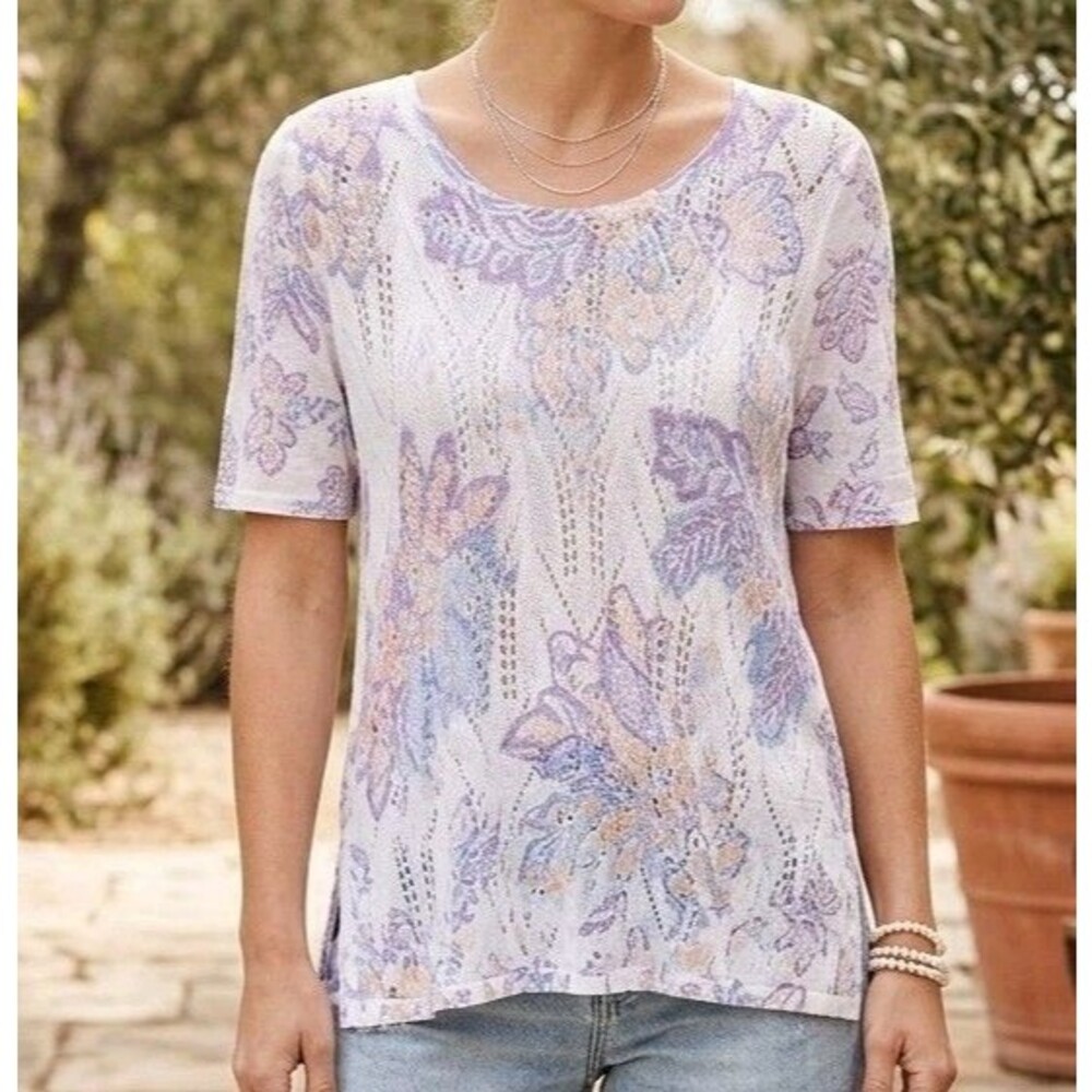 Chico's Sweater Floral Printed Pointelle Short Sleeve Tunic Linen Rayon 3 XL